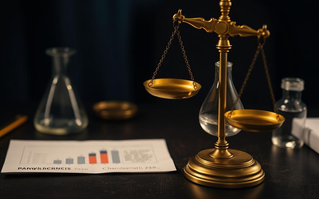 Balanza de la justicia junto a material de laboratorio y un cromatograma impreso