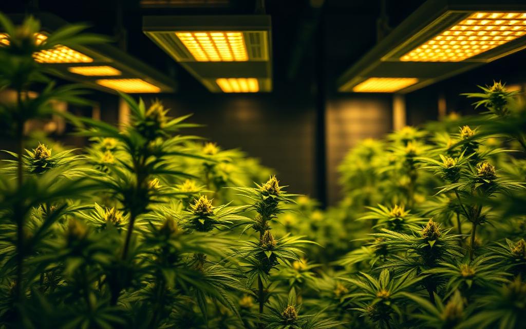 Plantas de cannabis en cultivo interior bajo iluminación controlada